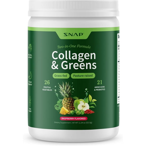 Snap Supplements Collagen Peptides with Super Greens, Digestive Enzymes, Probiotics, Turmeric - 30 Servings