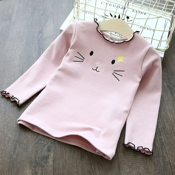 XBASW Kids Baby Girls Cat Printed Shirt Pullover Long Sleeve T-Shirt Basic Half Turtleneck T-Shirt Knit Tops For 2-8t