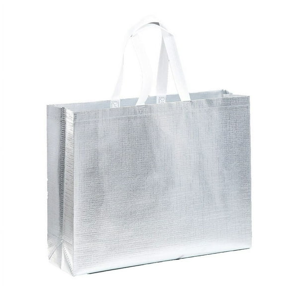 Bulk 100 Pack Luxury Gift Bags, Silver Metallic Shiny Party Bags Reusable Tote Bags Non-Woven Material Laminated Gift Bags Christmas Wedding Birthday Party Supplies Foldable Bridesmaids Bags