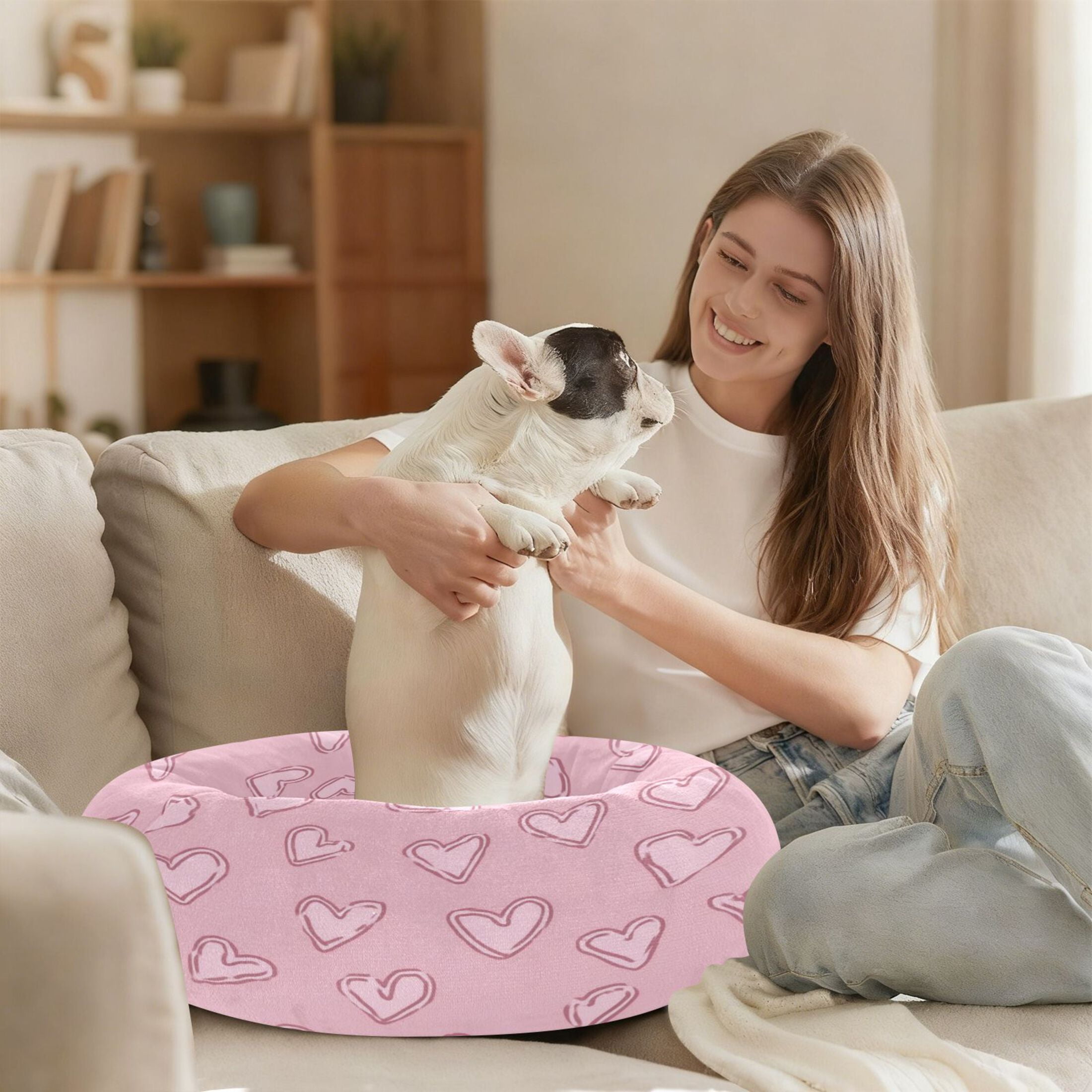 Iauyy Pet Couch Donut Cat Bed for Indoor Cats/Small Dogs Washable & Machine with Non-slip Bottom Calming Cat Furniture, Heart-shaped Lines (M)