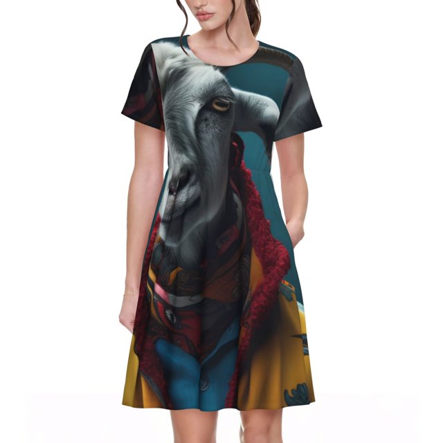 Easygdp Surrealist Goat para Vestido Transpirable de Mujer, Vestido Suelto de Manga Corta con Pliegues y Bolsillos para el Verano