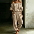 thumbnail image 1 of Ygbgbb Womens Off Shoulder 3/4 Sleeve Drawstring Waist Jogger Jumpsuit with Side Pockets for Vacation Khaki M, 1 of 3