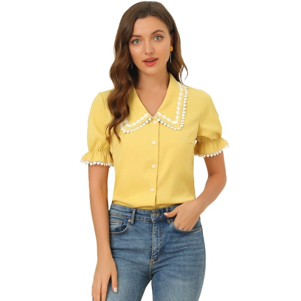 Blusa de manga corta con cuello en contraste Sweet Peter Pan para mujer Amarillo S