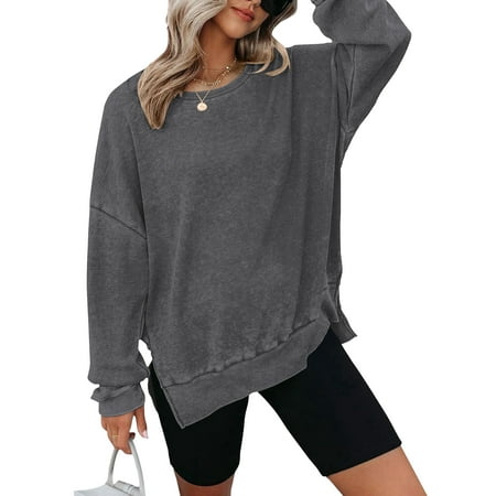 TEMOFON Womens Long Sleeve Tops Oversized Sweatshirts Waffle Knit Crew Neck Fashion Side Slits Casual Pullover Gray