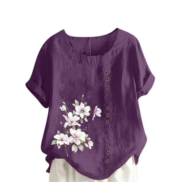 Cameland Hauts pour Femmes Col Rond Manches Courtes Imprimé Floral Chemise Ample
