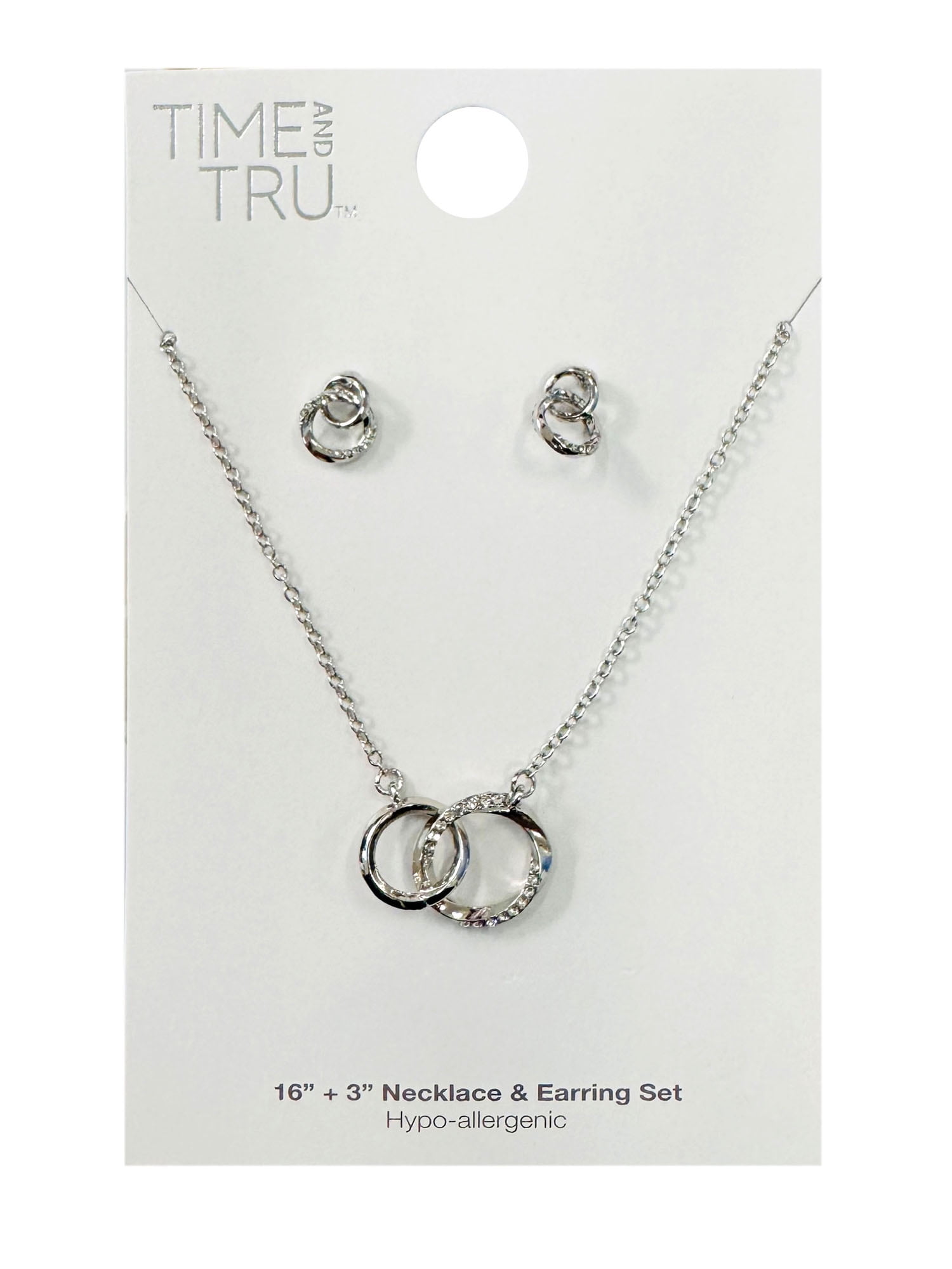 Time and Tru Interlocking Circles with Stones Earrings and Necklace 2 Piece Set Rhodium Silver for Female Adults and Teens