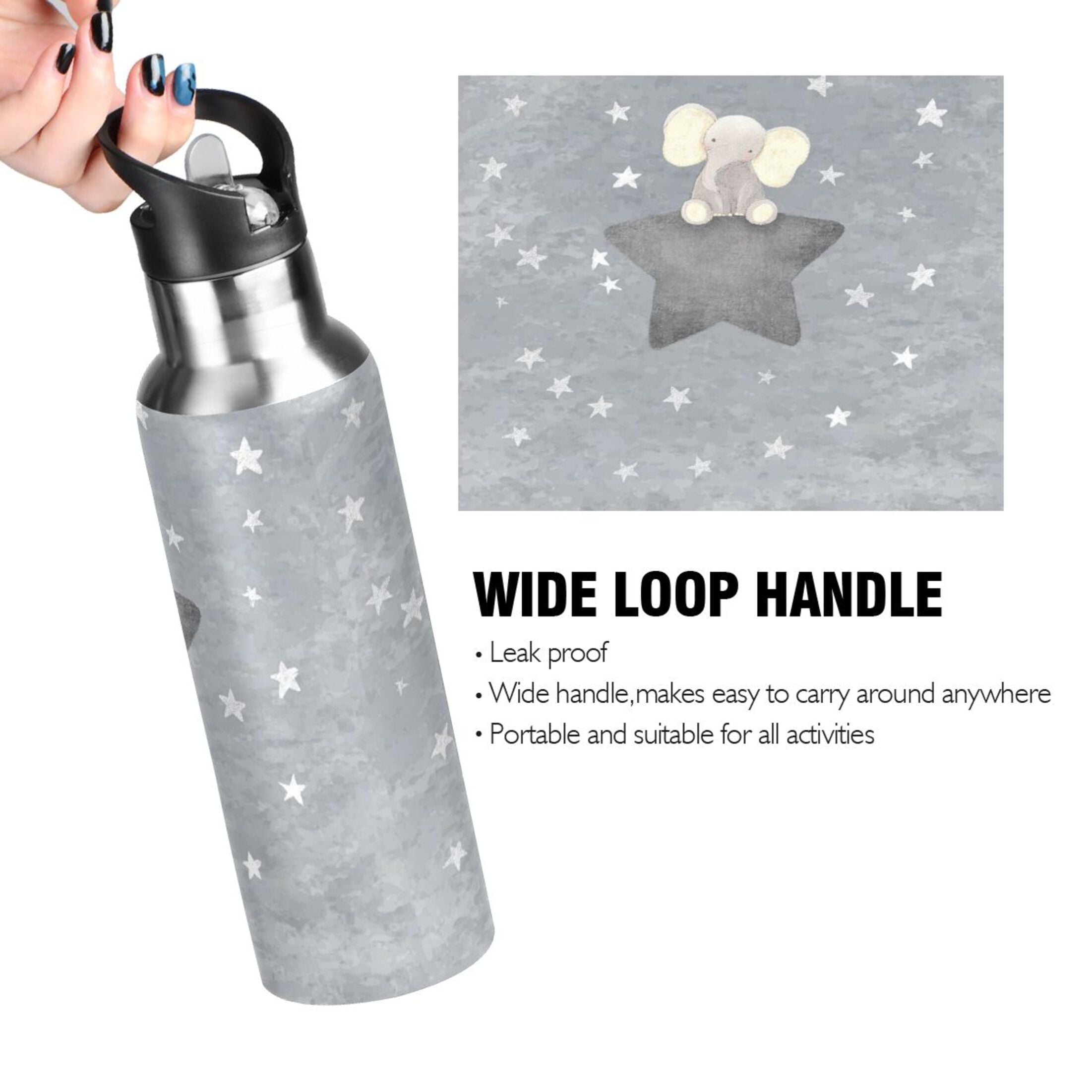 Iauyy Stainless Steel Double-Wall Vacuum Insulated Water Bottle with Straw-600ml&1000ml BPA-Free Leak-Proof for Travel Workouts Outdoor,Small and Grey