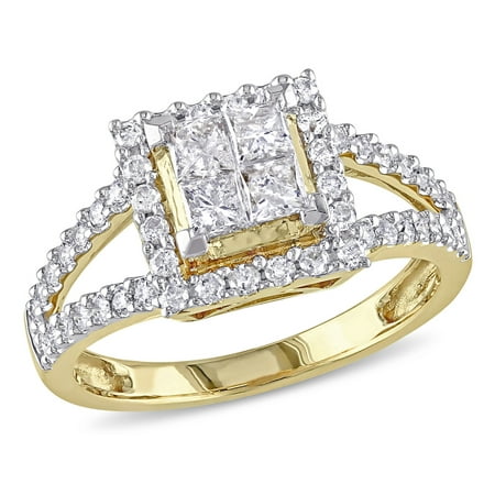 Princess Cut Halo Diamond Engagement Ring 1.0 Carat (ctw Color G-H Clarity I2-I3) in 14K Yellow Gold