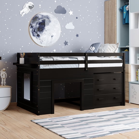 Twin Size Loft Bed with 3 Cabinets and Shelf, Wood Low Loft Bed, Espresso