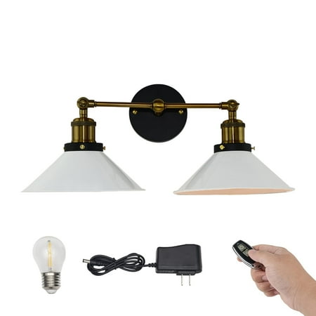 

FSLiving Rechargeable Battery Run Low-Volt Safe LED Remote Control Cordless White Metal Double Wall Sconce Vintage Wall Light for Children Room Corridor Dorm Reading Bulb Included-1 Pack