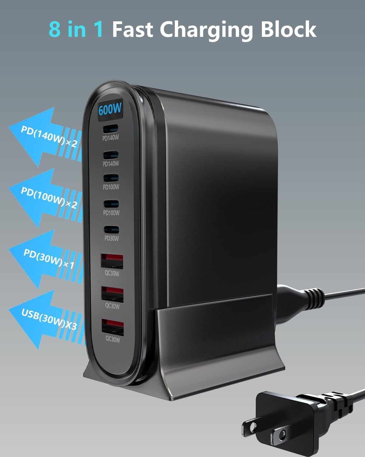 600 Watt 8-in-1 USB-C GaN Charger, 8-Port USB Fast Charging Station, Dual 140W PD PPS Port + Dual 100W PD Port for Multiple Electronic Devices, Computer Wall Charger, iPhone 17 16 15 14 13 iPad