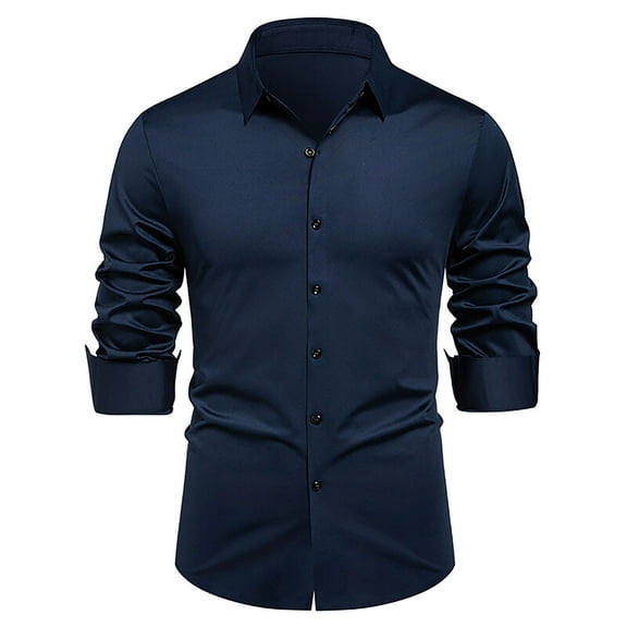 GuangCheng George Men Slim Fit Dress Shirt Long Sleeve Wrinkle Resistant Button Down Collar Classic Lapel Collar Blouses,Navy,L