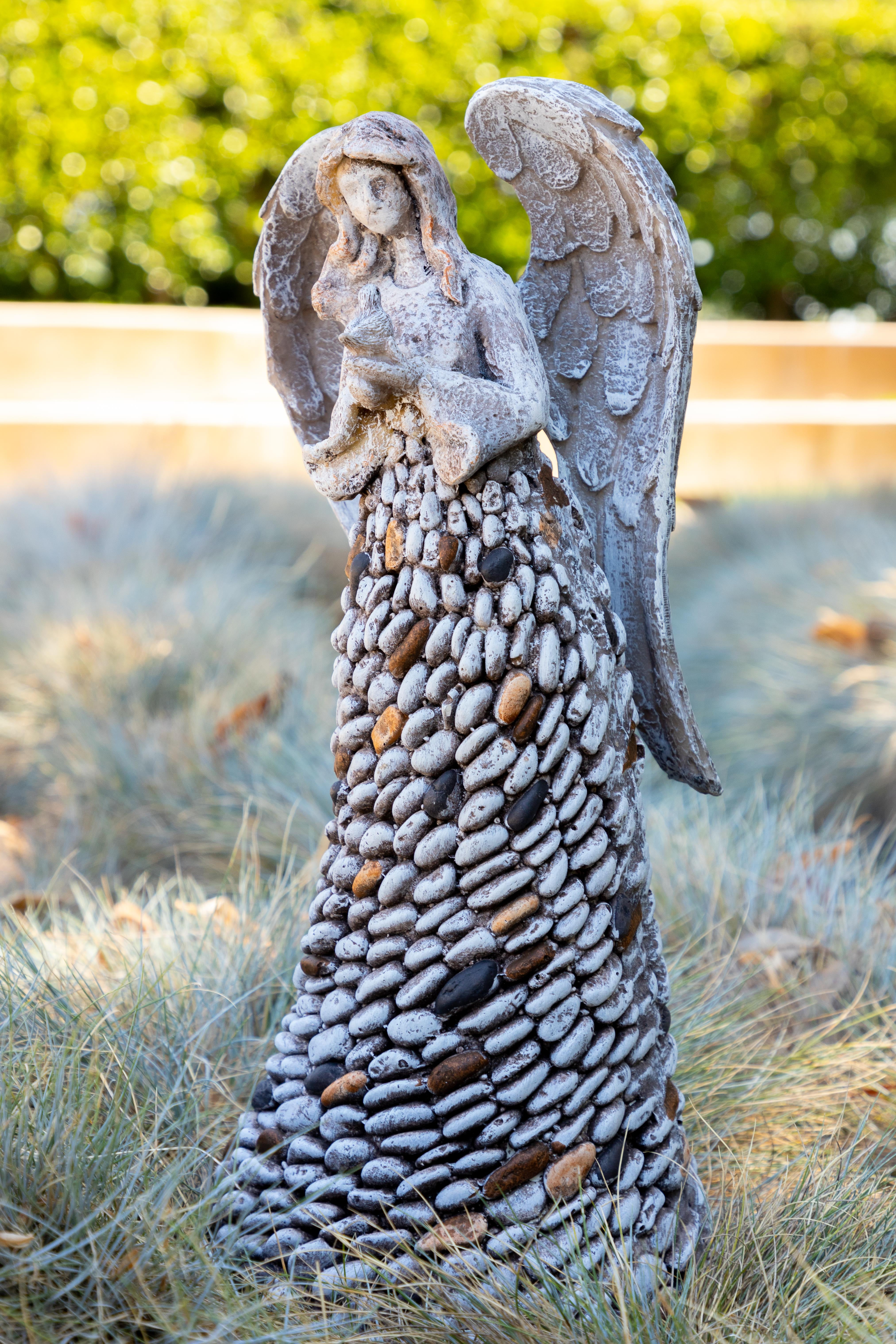 Alpine Angel Holding Bird Pebbled Garden Statue, 18 Inch Tall