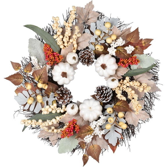 Supbessel 20 inch Fall Decor - White Pumpkin Harvest Wreath with Maple Leaves, Berries for Front Door, Wall, Thanksgiving Harvest Festival Front Door Wreath Home Decor