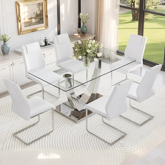 TesNus 63" Glass Dining Table Set for 6, Modern Rectangular Tempered Glass Table with Silver Chrome Base and White PU Leather Chairs for Kitchen Home