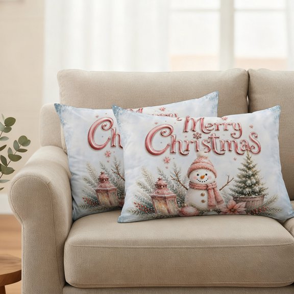 Waterproof Throw Pillow Covers 20x12 Set of 2, Merry Christmas Pink Snowman Poinsettia Outdoor Pillowcases with Invisible Zipper, Winter Snow Decorative Cushion Covers for Patio Garden Sofa Couch