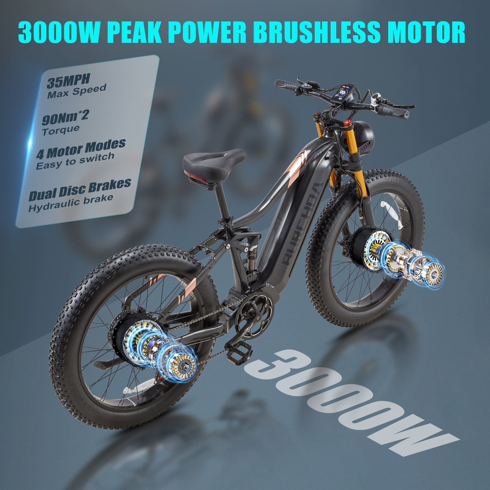 Dual Motors AWD 3000W Electric Bike for Adult 26'', UL2849 48V 30AH Removable Battery E-mountain bike 4.0 Fat Tire up to 35MPH&120Miles Long Range Off-road Ebike Beach Dual Hydraulic&Brakes E-Bicycle