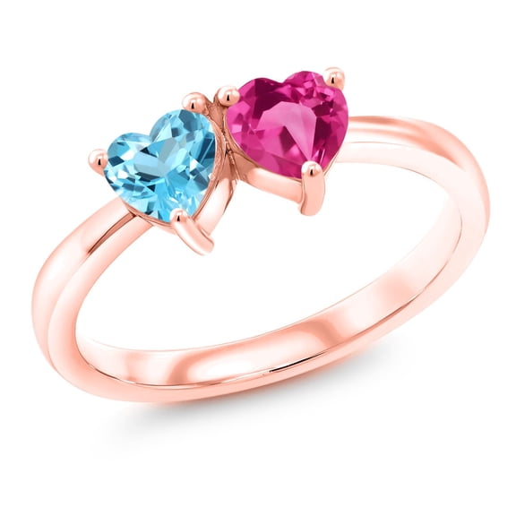 Gem Stone King 1.15 Ct Swiss Blue Topaz Pink Created Sapphire 18K Rose Gold Plated Silver Ring (Size 7)