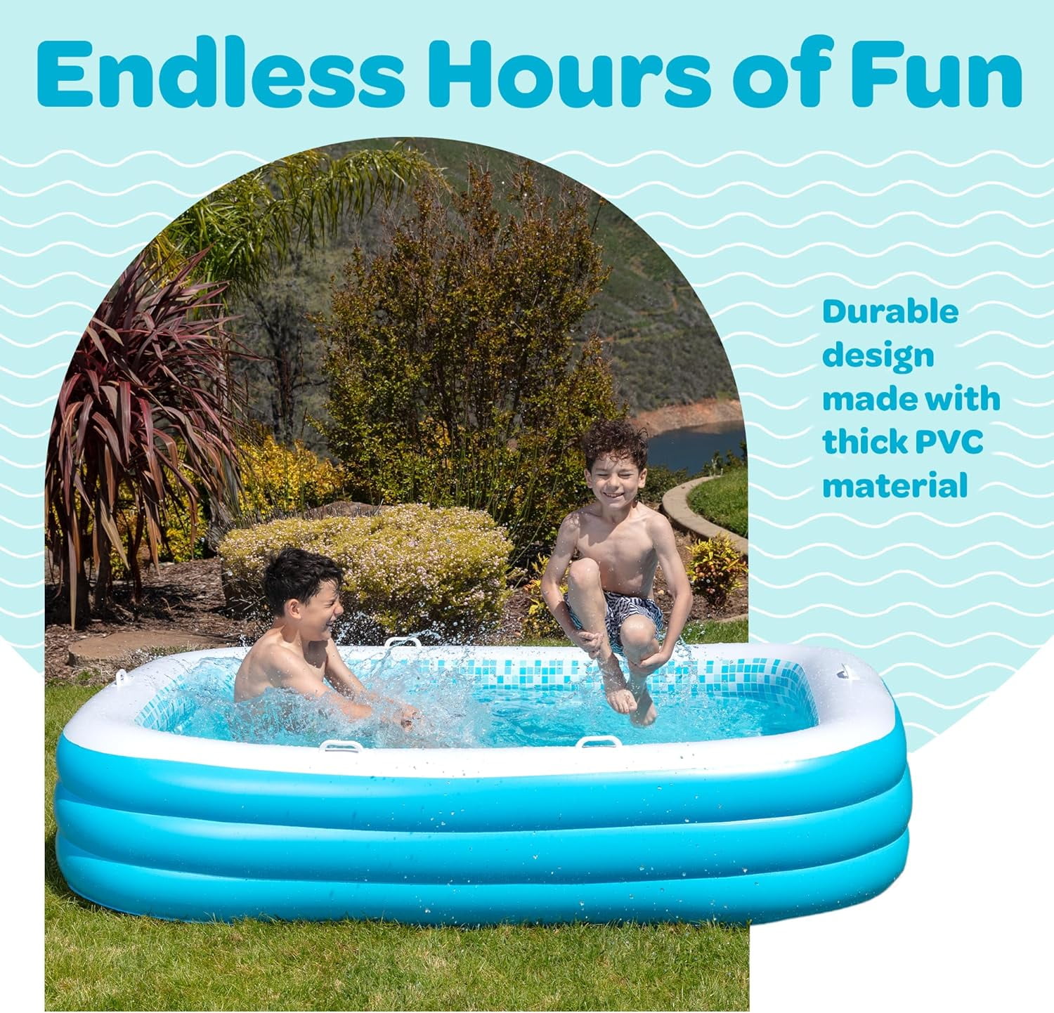 Premium Large Inflatable Pool with Soft Floor, Handles and Drain for Adults and Kids, 90x60inch Family Size Backyard Swimming Pool