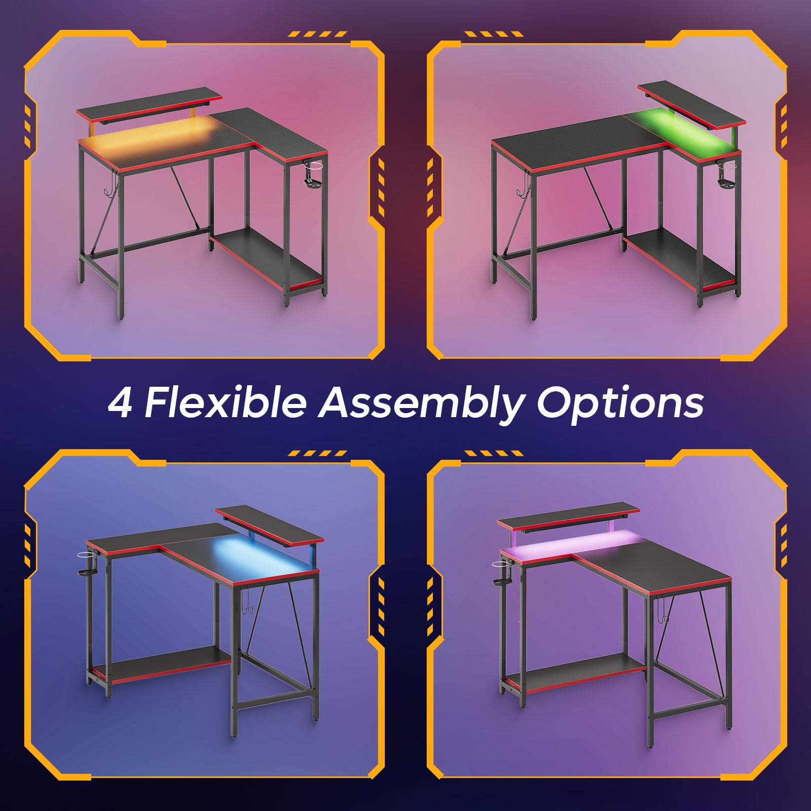 Pinmoco 42" Reversible L-Shaped Gaming Desk with Monitor Stand, LED Lights& Headset Hooks, Home Office, Carbon Fiber Black Pinmoco 42" Reversible L-Shaped Gaming Desk with Monitor Stand, LED Lights& Headset Hooks, Home Office, Carbon Fiber Black - Image 8