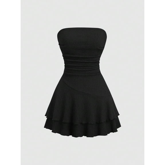 Y2K Style Ruched Textured Fabric Bandeau Mini Dress