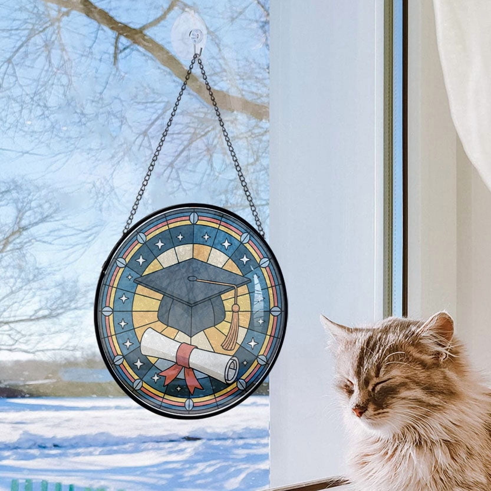A Graduation Cap and Diploma Stained Glass Suncatcher Window Hanging – Customizable Window Hanging for Loved Ones, Family or Friends, Christmas 2025 Holiday Tree Decoration