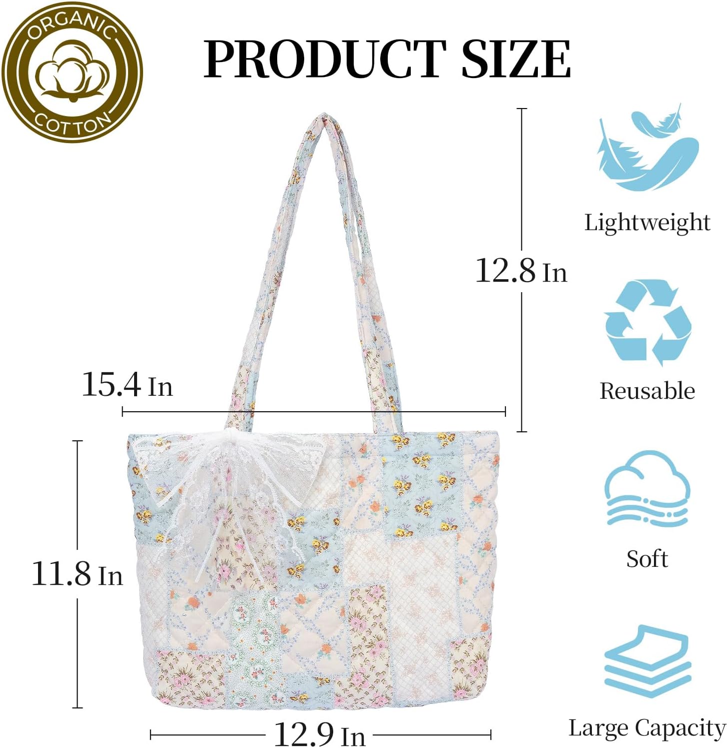Quilted Small Tote Bag for Women, Lightweight Floral  Bag,Soft College Travel Work Bag Everyday Purse