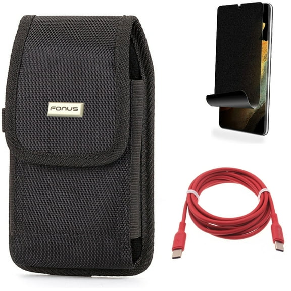 Red 6ft Long Cable & Case Belt Clip & Privacy Screen Protector for Samsung Galaxy S21 Ultra Phone - USB-C to Type-C PD Fast Charger & Rugged Holster & TPU Film Fingerprint Works Accessory Bundle