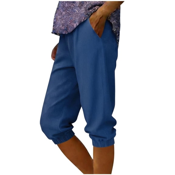 Yievot Womens Capri Pants Stretchy Denim-Like Trousers Elastic Waist Joggers Solid Color Casual Cropped Pants with Pockets