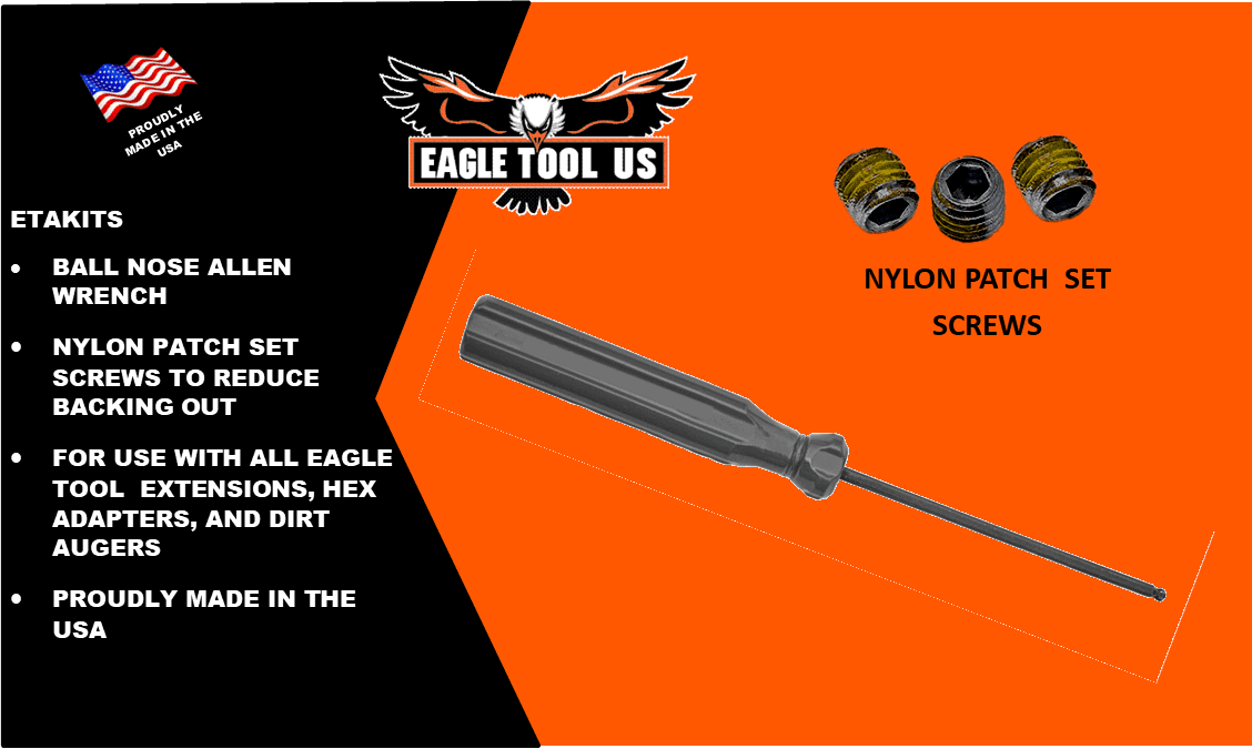 Eagle Tool US ETAKIT2, 4 Piece Switch Bit Allen Wrench and Set Screw Kit, 1/4-28 Thread. Used with 1/4" Shank Extensions, Dirt Augers, and Hex Adapters. Made in The USA