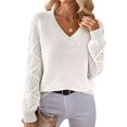 thumbnail image 2 of Women V Neck Knit Hollow Openwork Lantern Long Sleeve Ribbed Cuff Loose Fit Knit Pullover Sweater White L, 2 of 8