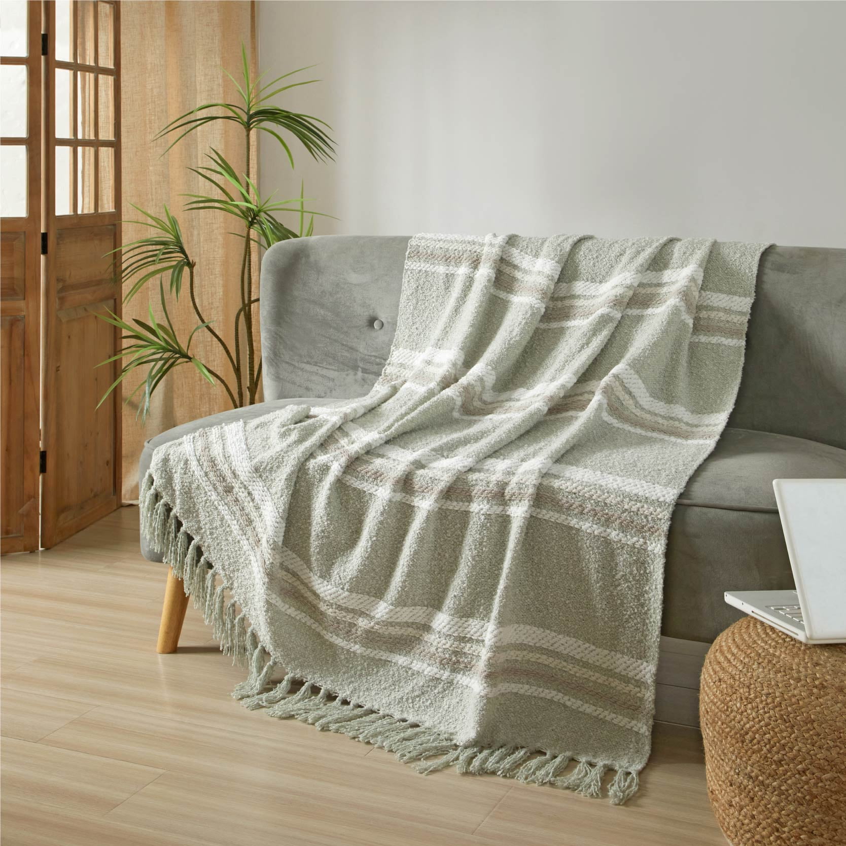 Beautiful Sage Green Cozy Chenille Throw by Drew Barrymore for Adults, 50" x 60"