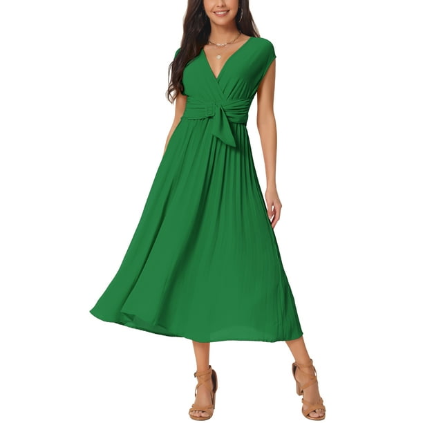 INSPIRE CHIC Vestido de Mujer con Mangas Cortas, Envoltura, Cuello en V, Fluido, con Volantes, Plisado, Casual con Cinturón, Midi, Color Verde