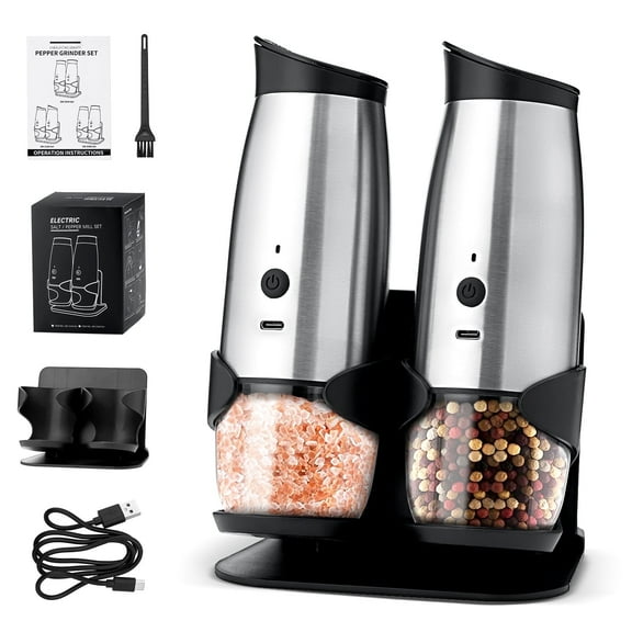 2 Pack Electric Salt and Pepper Grinder Set ,Automatic Pepper Mill Grinder with Charging Base & LED Light,Adjustable Coarseness,One-handed Operation Salt Pepper Mills 