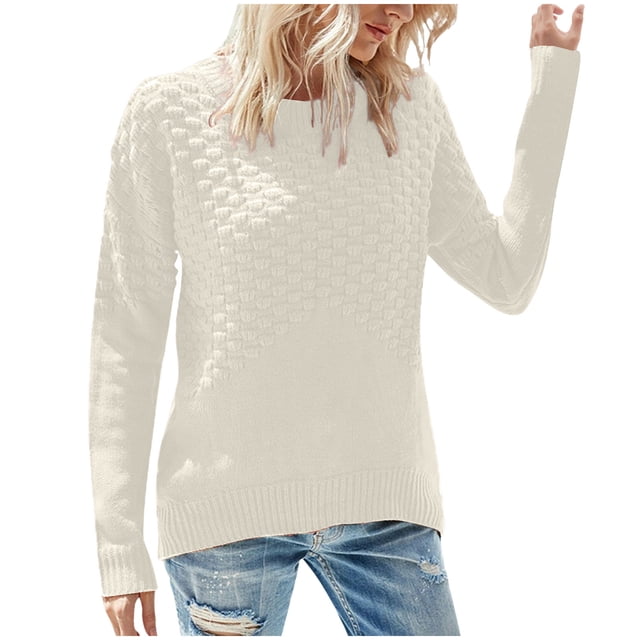 Chandails pour Femmes Chandails à la Mode pour Femmes Chandail d'Hiver Décontracté Couleur Unie Col Rond Manches Longues Tricoté Rayé Ample