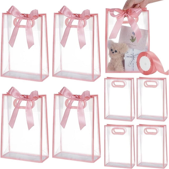 15 bolsas de regalo de plástico transparente rosa de 26 cm, rectangulares, plegables, con asas, reutilizables.