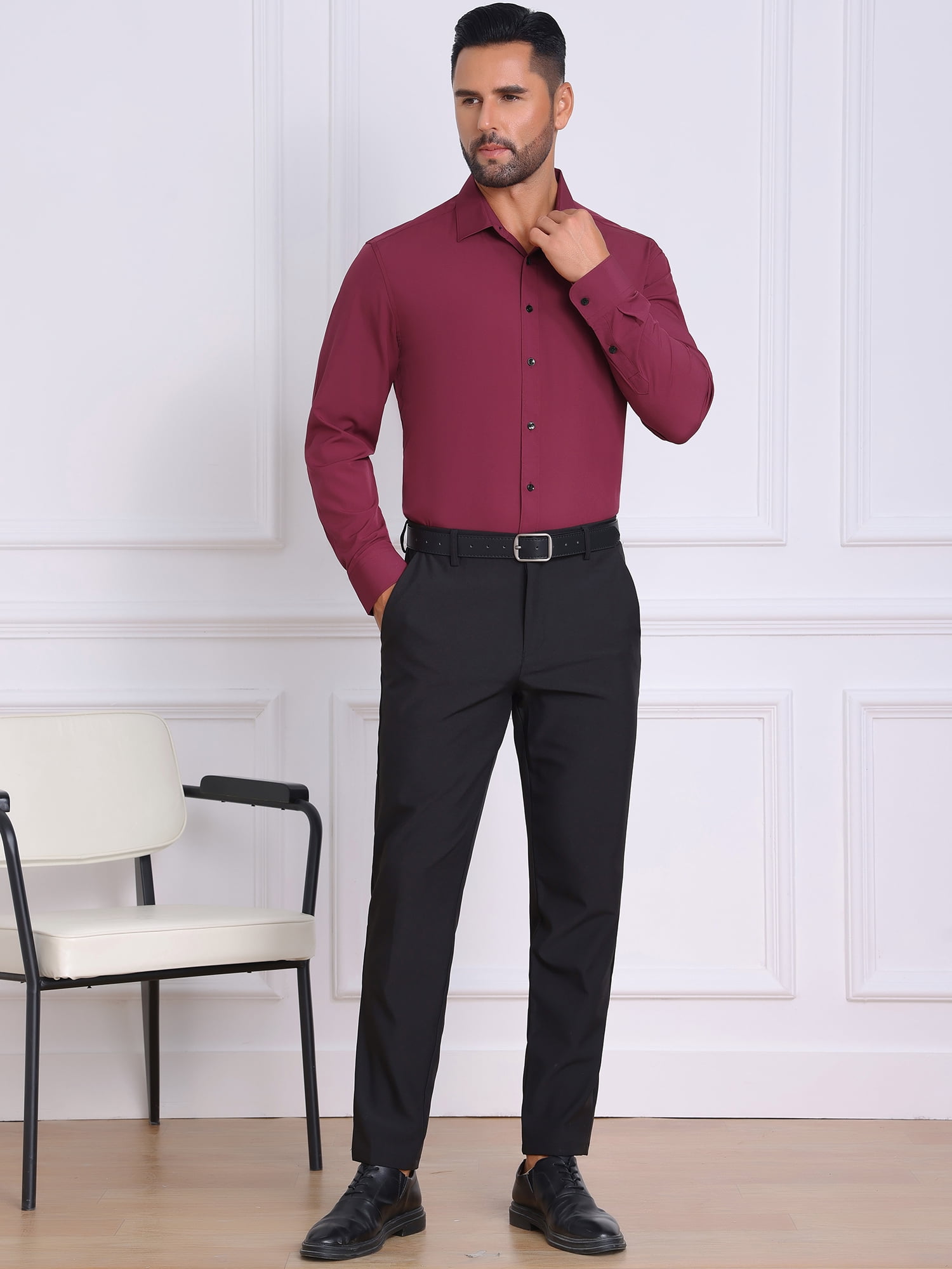 DARING DIVA Men's Solid Color Button Down Long Sleeves Stretch Shirts L Burgundy