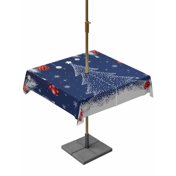 Outdoor Tablecloth with Umbrella Hole and Zipper, Christmas Trees Square Table Cloth 54x54 Inch Waterproof Tablecloth, Navy Blue Winter Snowflakes Xmas Balls Picnic Table Cover for Patio Camping