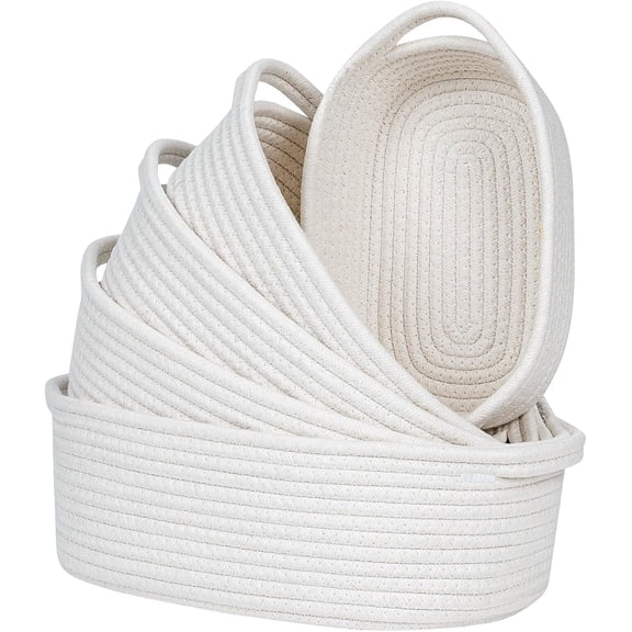 Small Woven Rope Toys Basket for Organizing Set 5, Shelves Closet Storage Bins, Empty Gift Baby Shower Basket Also Perfect for Toilet Paper Storage, Organizer Bins Off White