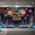 thumbnail image 6 of Colorful Fireworks Happy New Year Banner Golden Clock 2026 New Year Display City Glittering Numbers New Year Eve Backdrop for New Year Celebration 2026 Party Indoor Decoration, 6 of 9