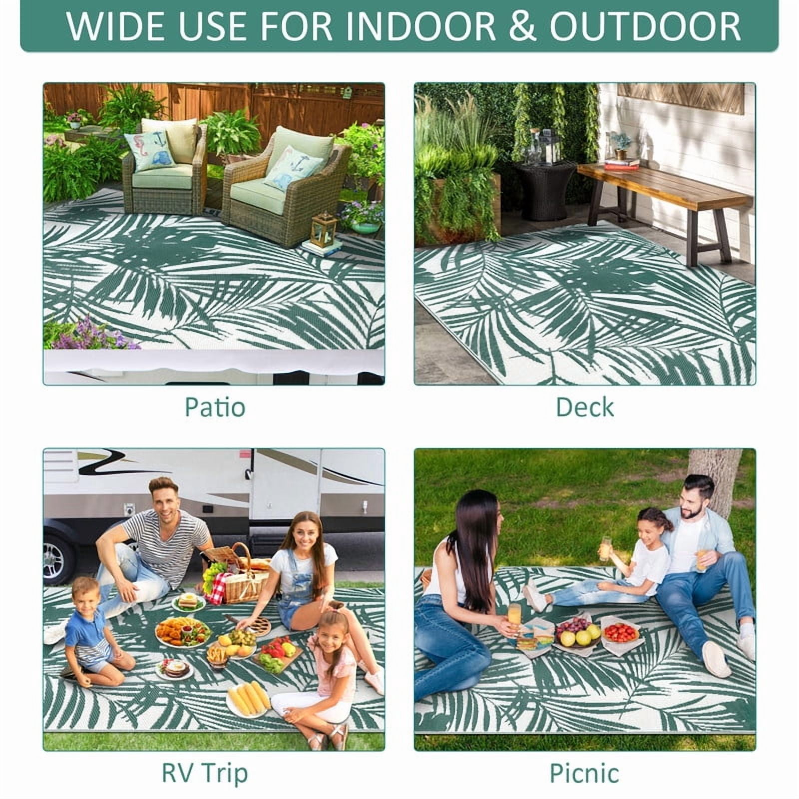 Aonewoe Outdoor Rug 6x9 Waterproof Reversible Plastic Straw Camping Rugs for Outside RV, Indoor Outdoor Area Rugs for Patio,Deck,Porch,Balcony, Green & White