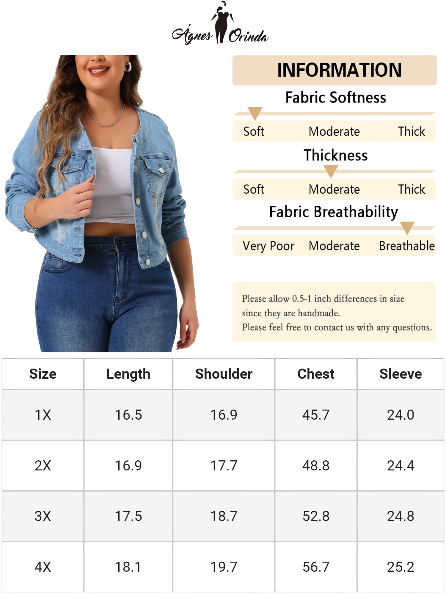 DARING DIVA Women's Plus Size Collarless Button Down Crop Denim Jackets 4X Light Blue