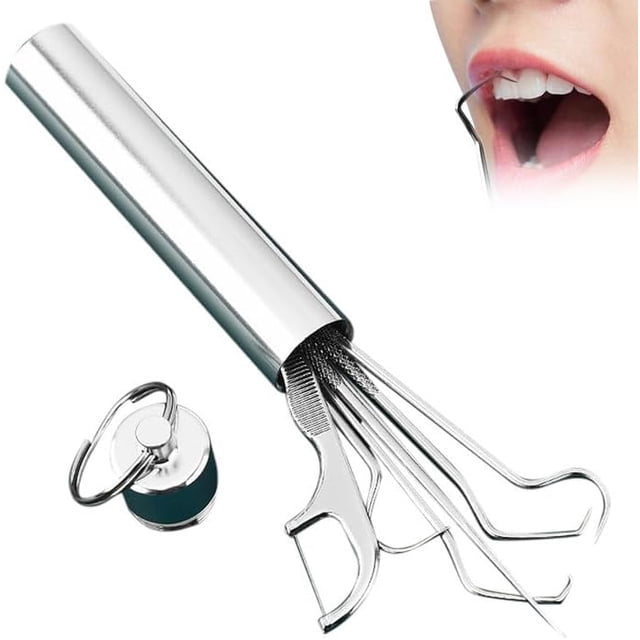 Juego de 7 palillos de dientes de acero inoxidable, kit de limpieza de palillos de dientes reutilizables de metal con soporte para viajar al aire última intervensión, camping, juego de bolsillo de