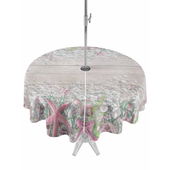 Outdoor Tablecloth with Umbrella Hole for Patio/Picnic/Party/Camping, Summer Beach Waterproof Table Cloth Round Cover Washable, Pink Starfish Ocean Conch Grey Wood Grain (Dia 54")