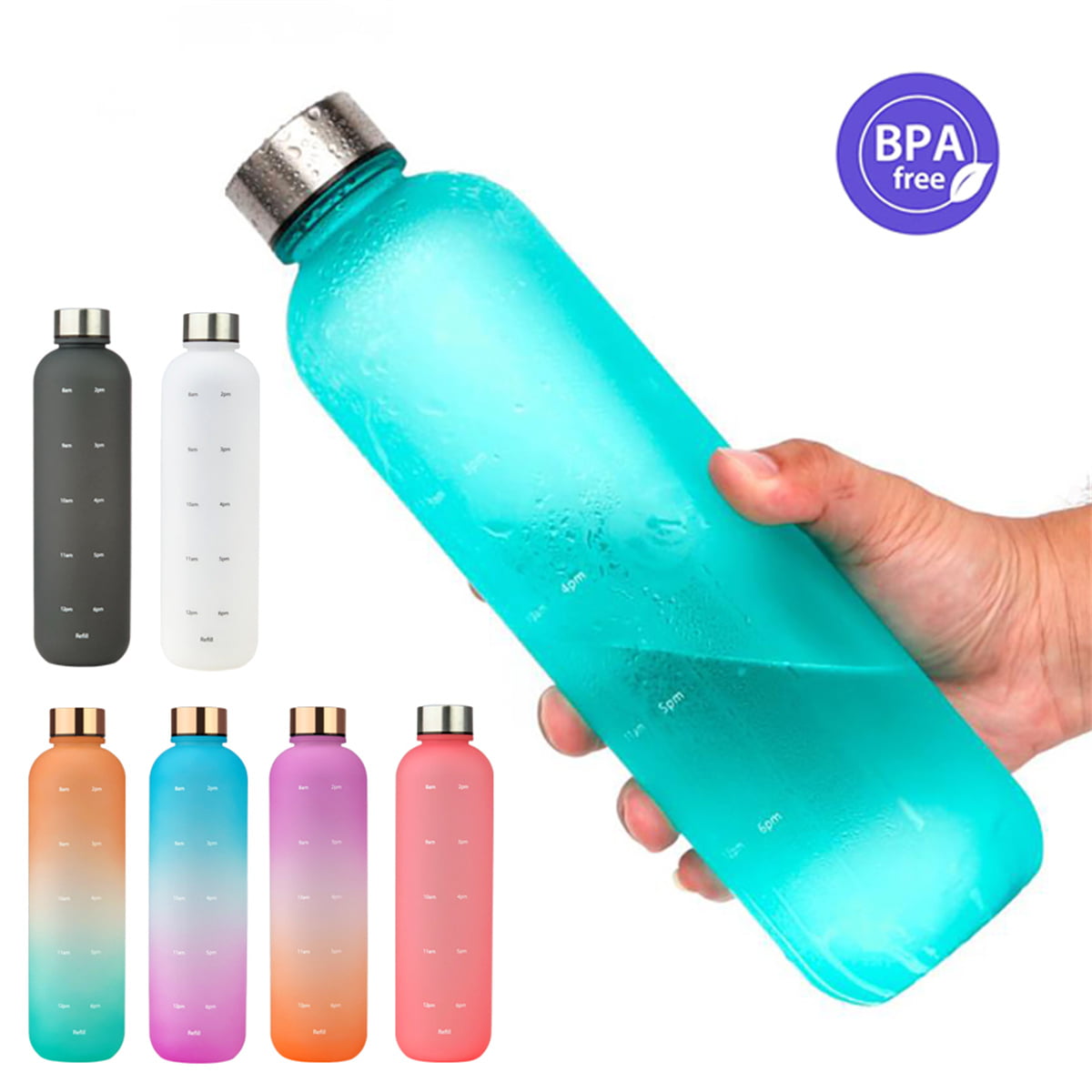 Sdjma Time Marked Cute Water Bottles for Women and Men, BPA Free Frosted & Aesthetic Sport Water Bottle with Time Marker, Water Bottle 1 Liter | 32 oz