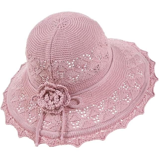 Womens Ruffled Flowers Summer Beach Hat Wide Brim Knitted Sun Hats Foldable Floppy Summer Cap for Travel Decoration