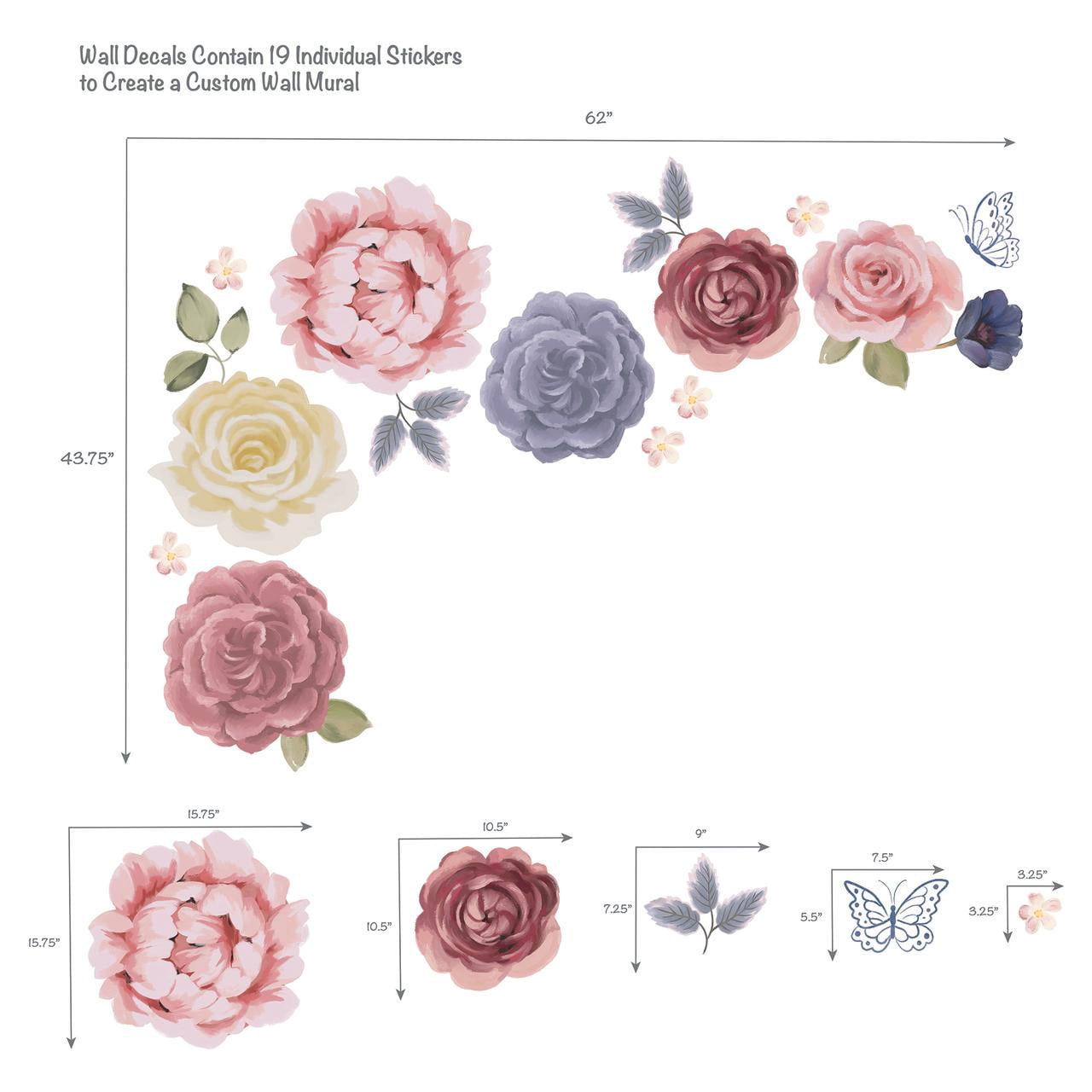 Lambs & Ivy Secret Garden Large Pink Flowers/Butterflies Wall Decals/Stickers