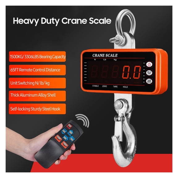 Digital Hanging Scale 1500kg/1000kg/500kg With 65ft Remote Control Heavy Duty Crane Scale Dimmable LED Industrial Hook Scales