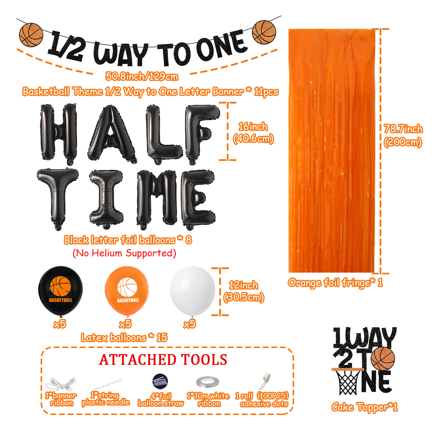 41Pcs Basketball Half Birthday Decorations 1/2 Way to One Banner Cake Topper Foil Curtain Half Time Basketball Foil Balloons Orange Black Latex Balloons for Boy Sports 6 Months Birthday Supplies