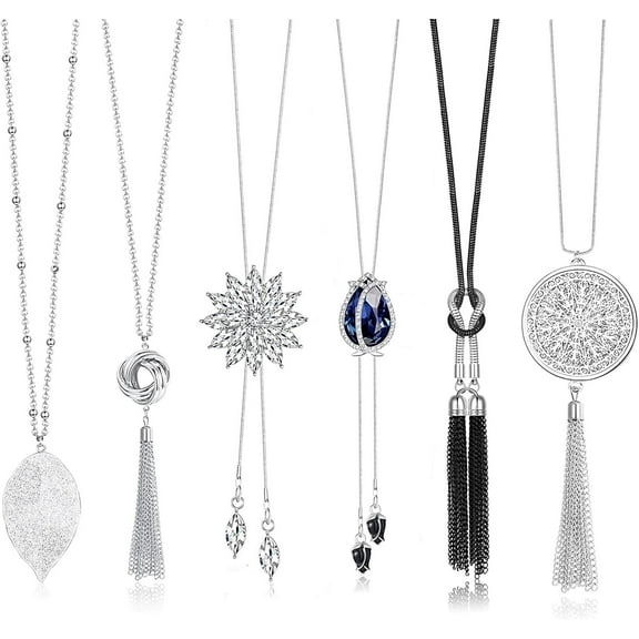 Leander 6Pcs Long Pendant Necklaces for Women Long Sweater Necklaces Silver Flower Tassel Disk Circle Leaf Statement Sweater Chain Necklace for Women Y Necklace Set Fashion Jewelry